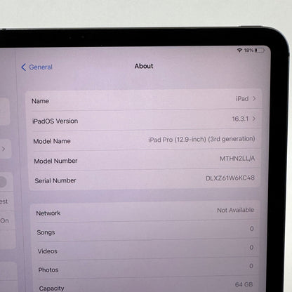 WiFi Only Apple iPad Pro 12.9" 3rd Gen 64GB With Apple Pencil Gen 2