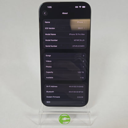 Unlocked Apple iPhone 16 Pro Max 1TB Black Titanium MYWC3LL/A